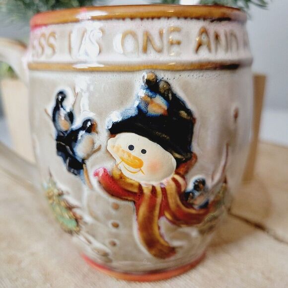 Vtg Snowman Coffee Cup Mug & Matching Spoon Set /Bless Us One And All Christmas - Picture 5 of 15